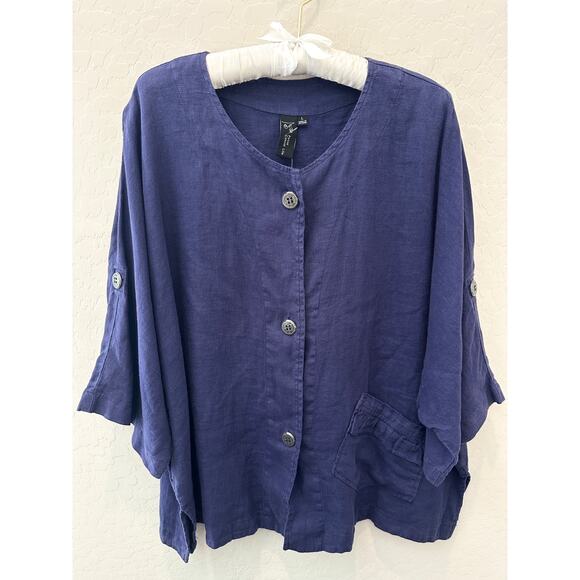 FOCUS | Linen Jacket Top Purple Button Front Lagenlook Oversized Pocket | Large - Picture 1 of 9